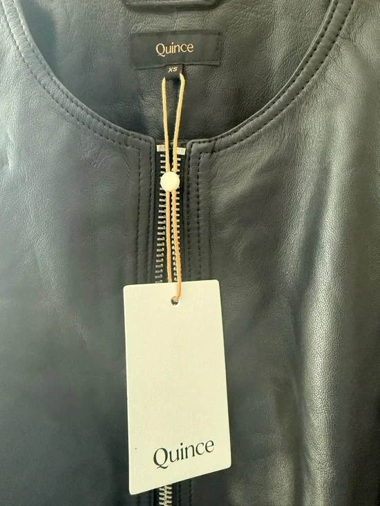 Quince 100% Leather Collarless Cropped Bubble Hem Jacket